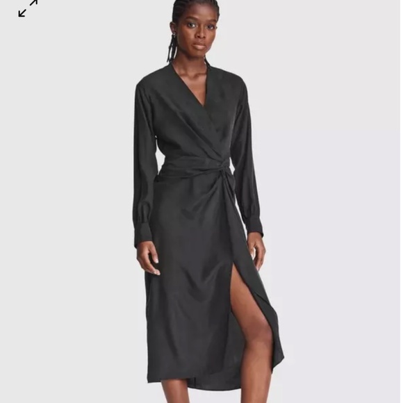 RAG & BONE Amber Gathered Waist Long Sleeve Silk Midi Dress In Black - Picture 1 of 5